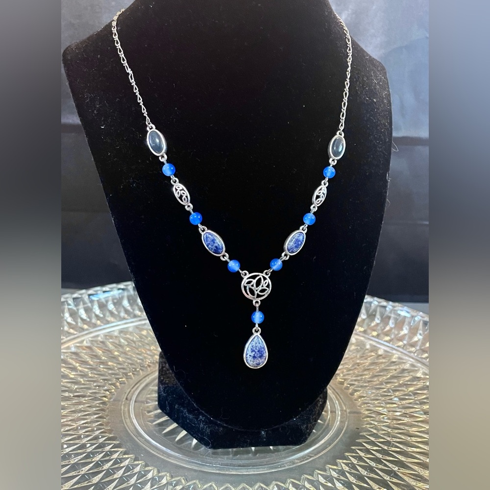Blue Gemstone Silver Drop Y-Style Necklace